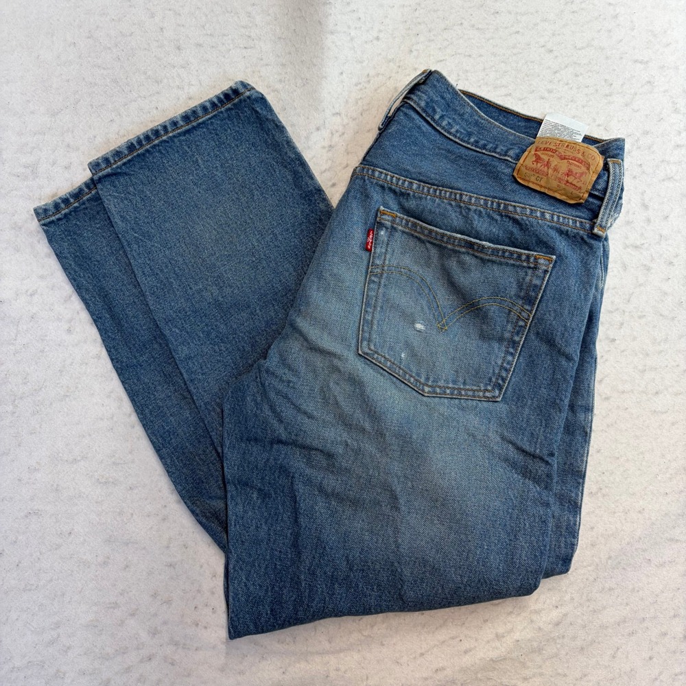 Levi's 501 CT Jeans Mens 35x27 Blue Distressed Tapered Button Fly